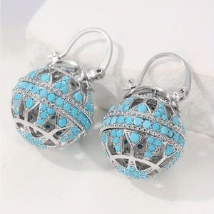 Turquoise Globe Dangle Earrings Silver Tone Southwestern Boho